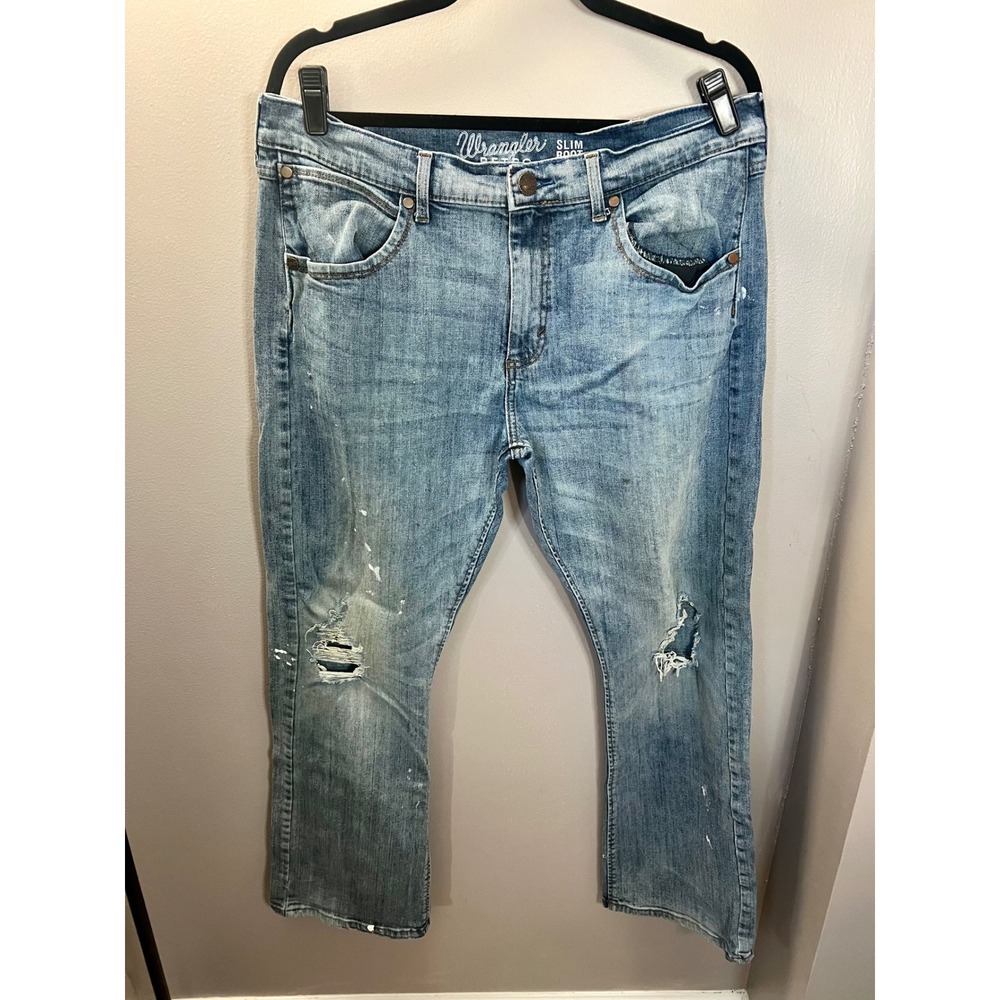 Wrangler Retro Slim Boot Distressed Thrashed Paint Splatter Jeans 34x32 VTG Mens